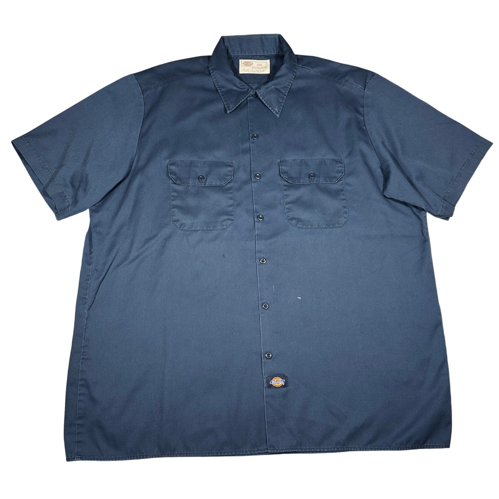 Vtg Dickies Mens 2XL Short Sleeve Button Up Work Shirt Navy Blue Twill Pocket